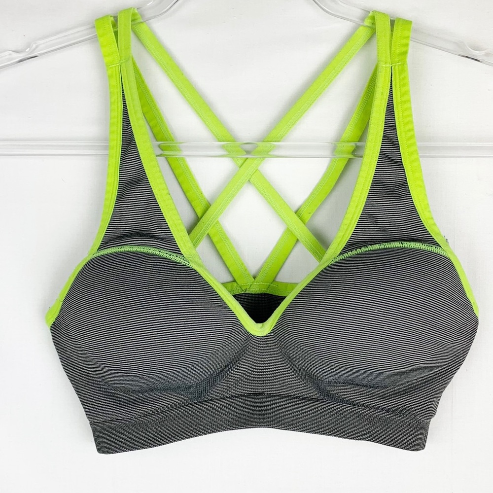 PINK Victoria’s Secret Gray Sports Bra Neon Green Multi-Straps Padding size S